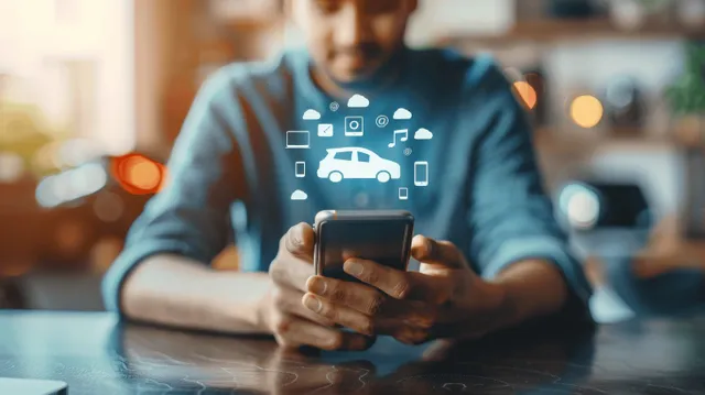 Man in an office holding a smartphone displaying a car icon for ride or rental booking.