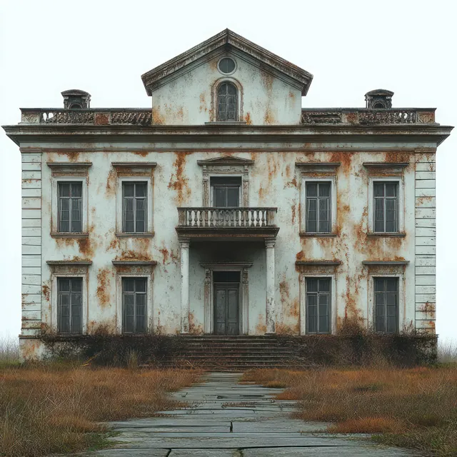 Weathered two-story mansion facade with boarded windows, rust streaks, and dry grass over cracked stone steps.
