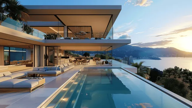 Infinity pool and sun terrace beside modern glass-walled villa overlooking the ocean at sunset with mountains in the distance.