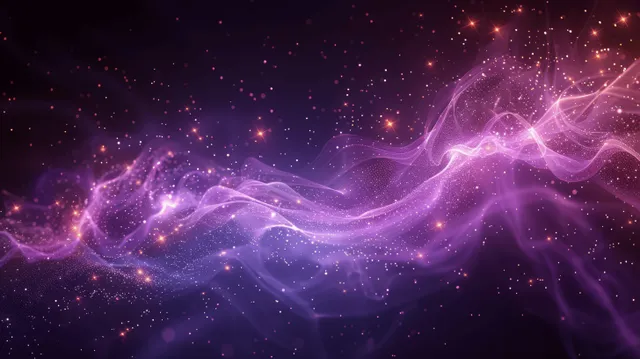 Purple and blue cosmic smoke waves swirl across a dark background with glowing stars and sparkling bokeh dots.