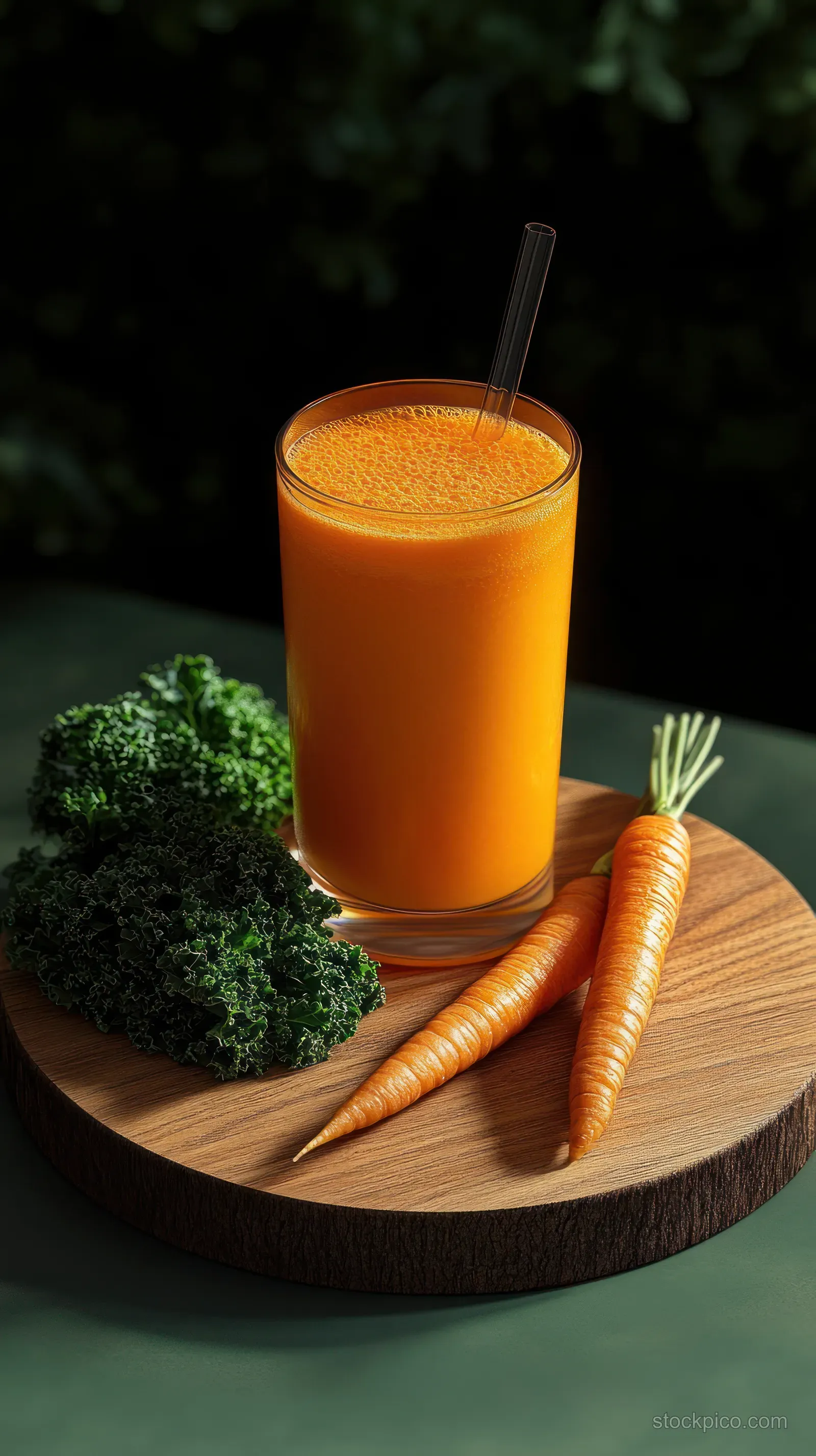 Orange carrot juice with a black straw served on a round wooden board with curly kale and whole carrots.