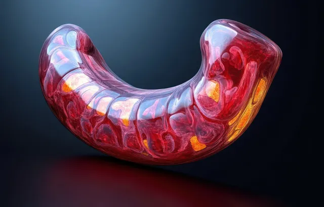 Surreal colorful human stomach illustration isolated on a dark background with high-contrast highlights.