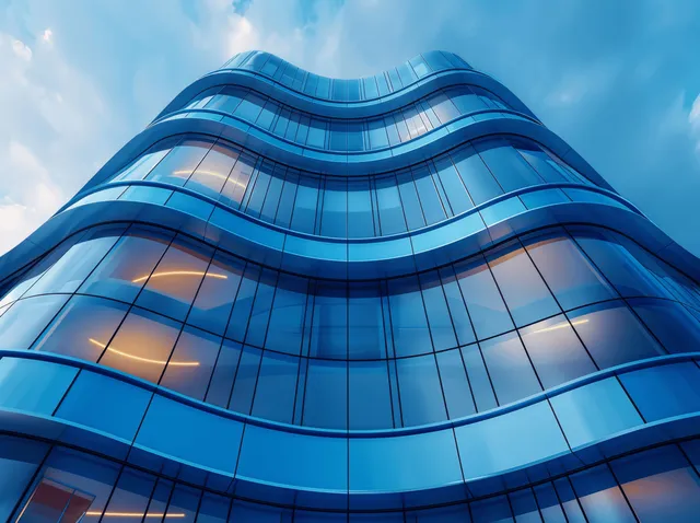 A curved glass skyscraper with blue reflective bands rises against a bright blue sky.