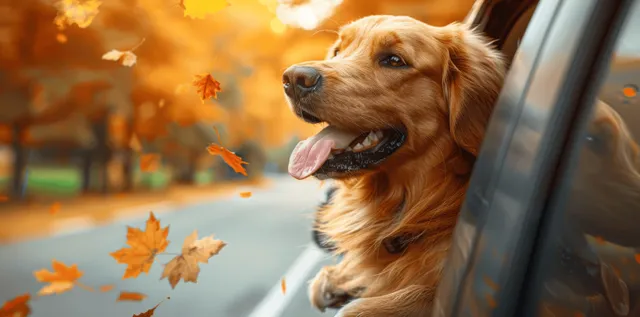 A golden retriever leans out of a car window with its tongue out as orange autumn leaves drift outside.