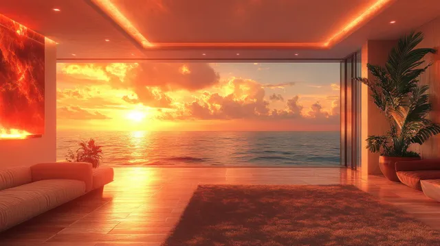 Minimalist living room with a sofa and potted palms, facing a vivid sunset ocean view through large windows.