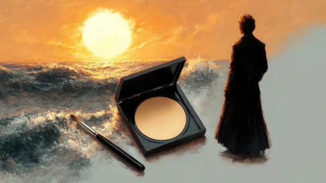 Silhouette figure stands by ocean at sunset, beside open makeup compact and brush