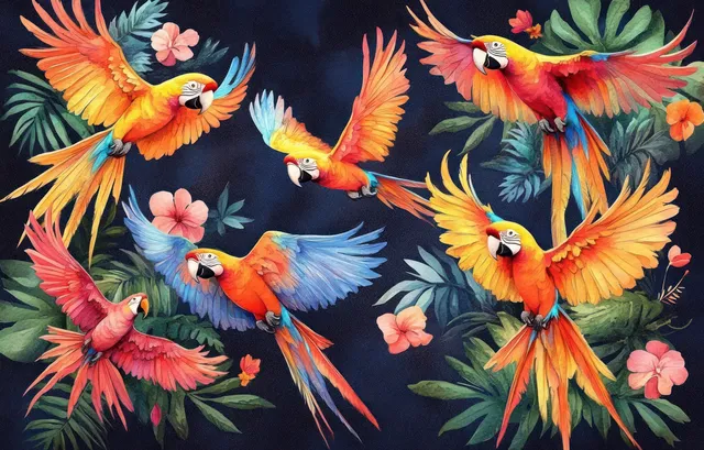 Colorful parrots fly through green tropical leaves and pink hibiscus blossoms over a dark background.