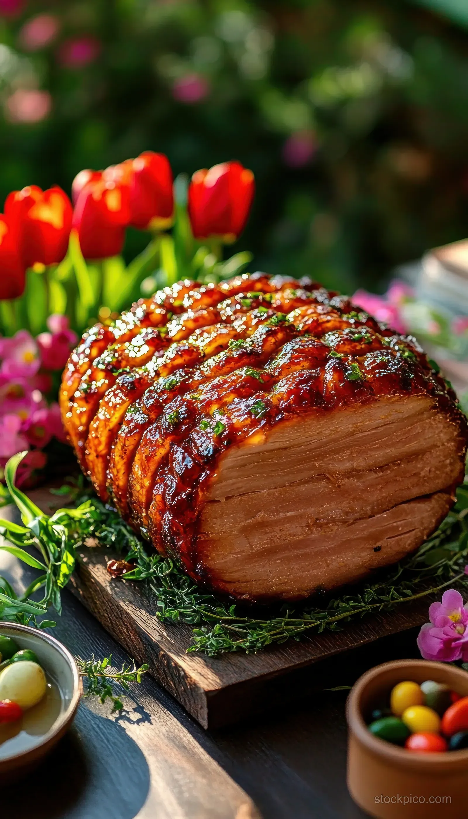 Glazed roasted ham carved on a wooden board with fresh herbs, surrounded by colorful tulips and small spring flowers.