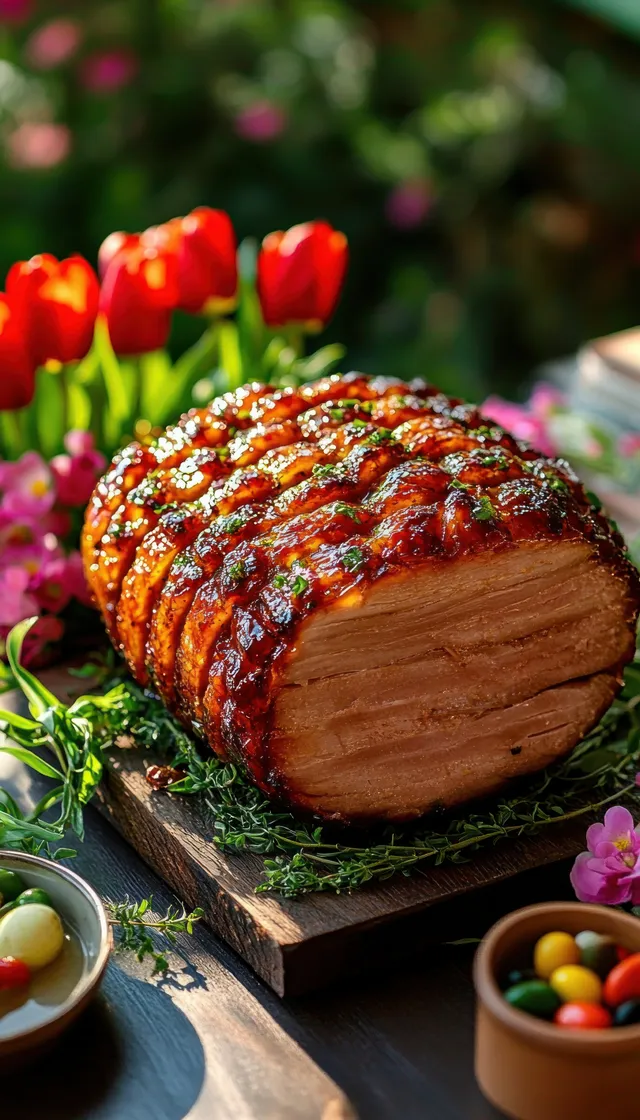 Glazed roasted ham carved on wooden board with fresh herbs and spring tulips nearby