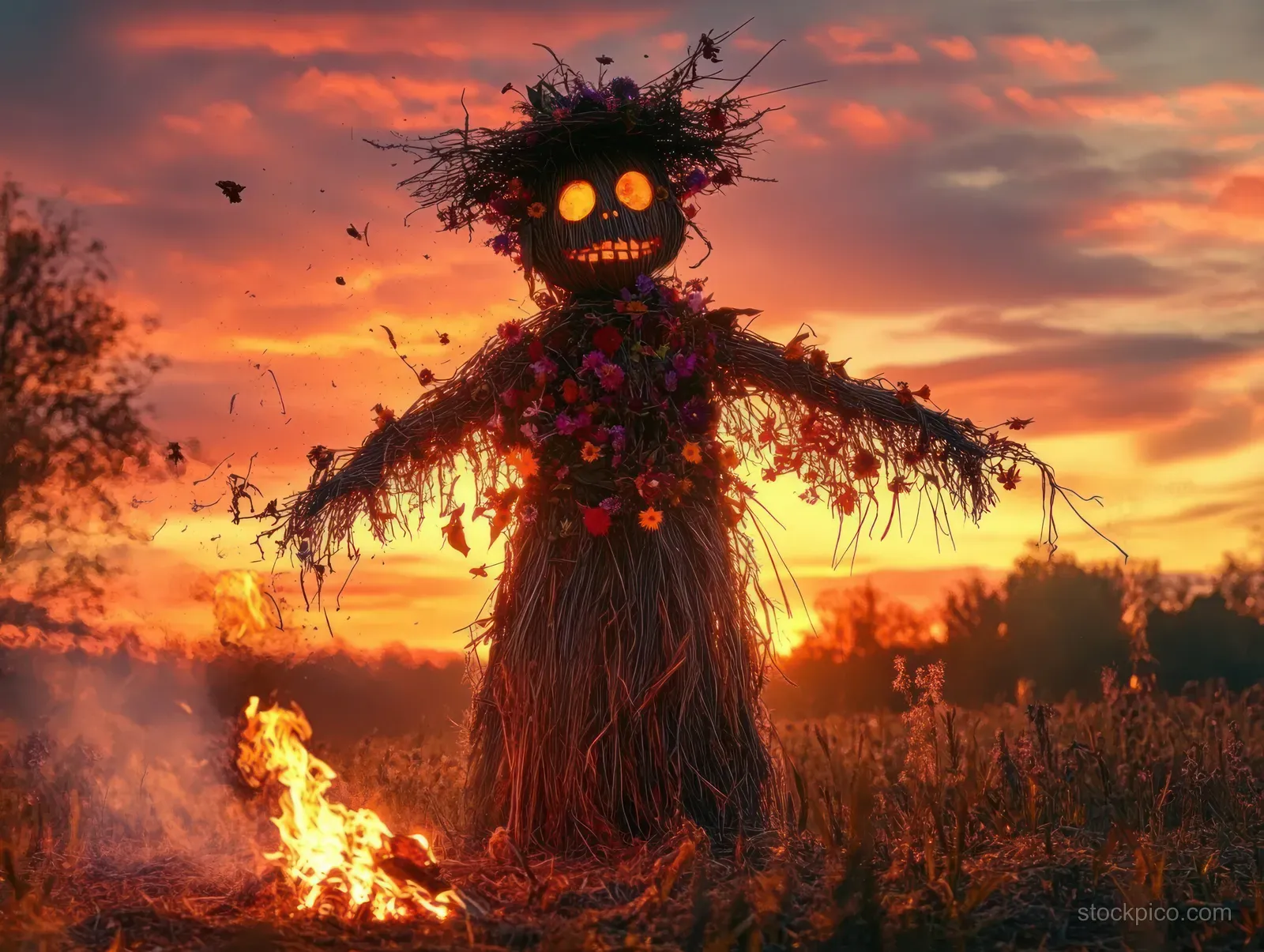 Glowing-eyed scarecrow with flower crown stands in a sunset field beside a small fire as birds fly.