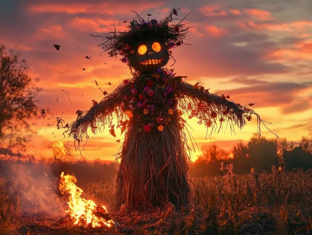 Glowing-eyed scarecrow with flower crown stands in a sunset field beside a small fire as birds fly.