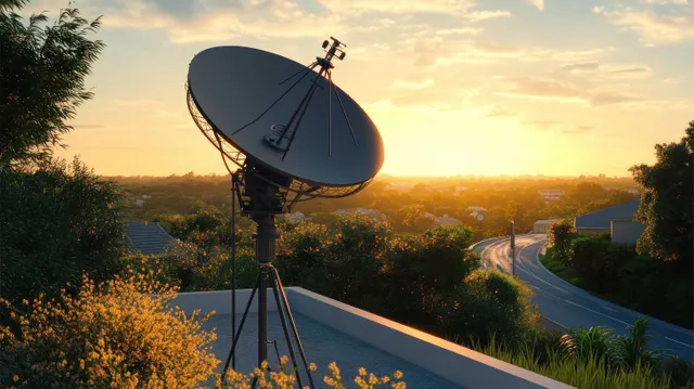 Satellite dish antenna on a rooftop at sunset with trees and a winding suburban road in the background.