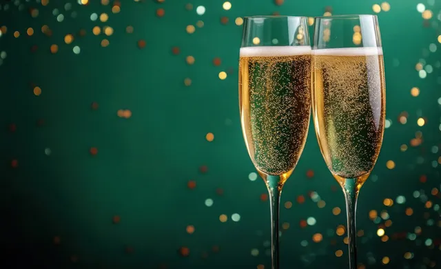 Two champagne flutes filled with sparkling golden wine on a dark green background with festive bokeh lights.
