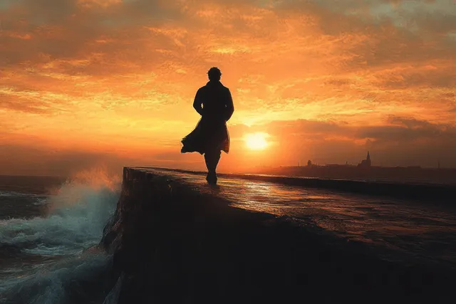 Silhouette of a person walking on a pier at sunset with waves crashing beside them.