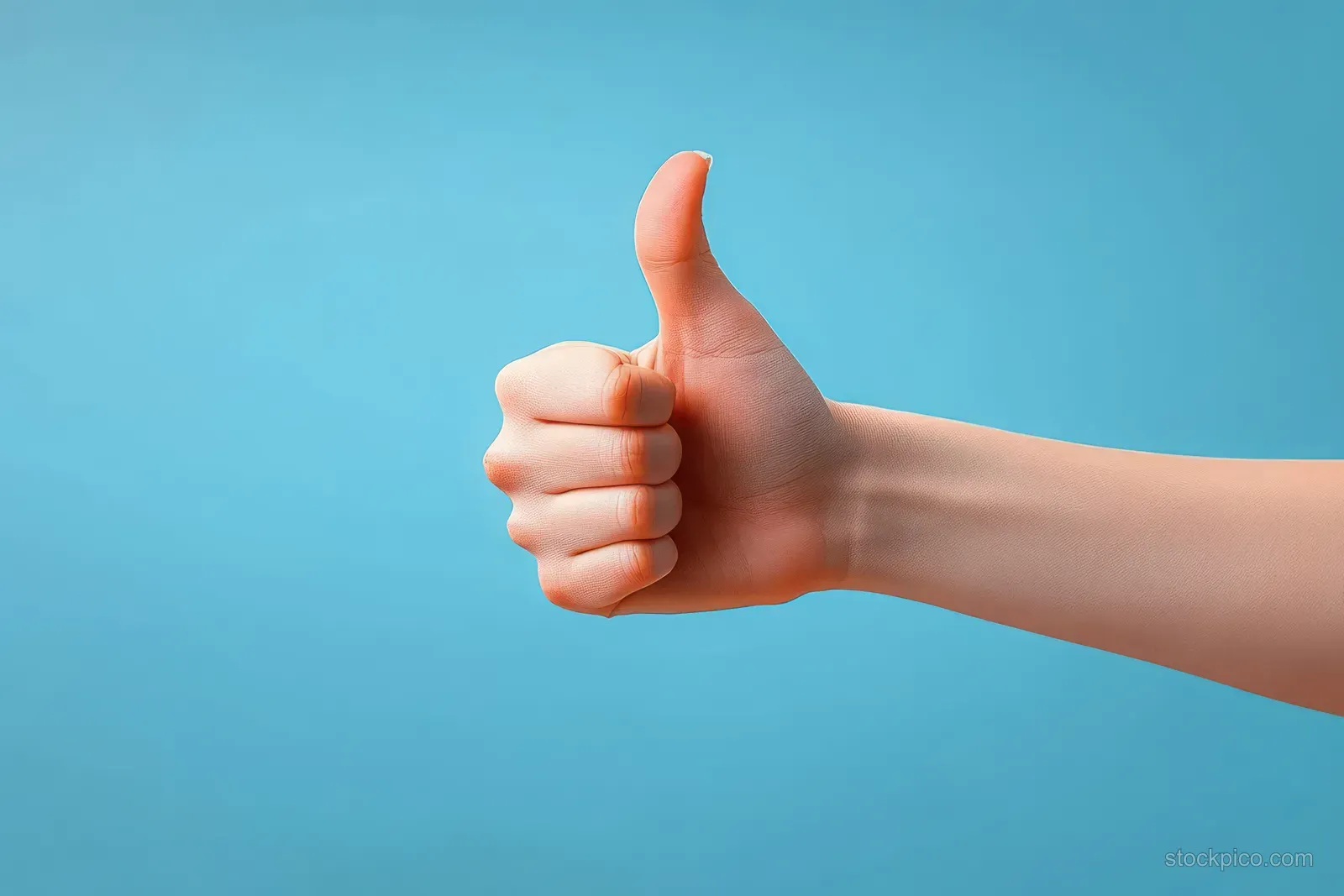 Close-up of a woman’s hand giving a thumbs up gesture against a soft pastel blue background.
