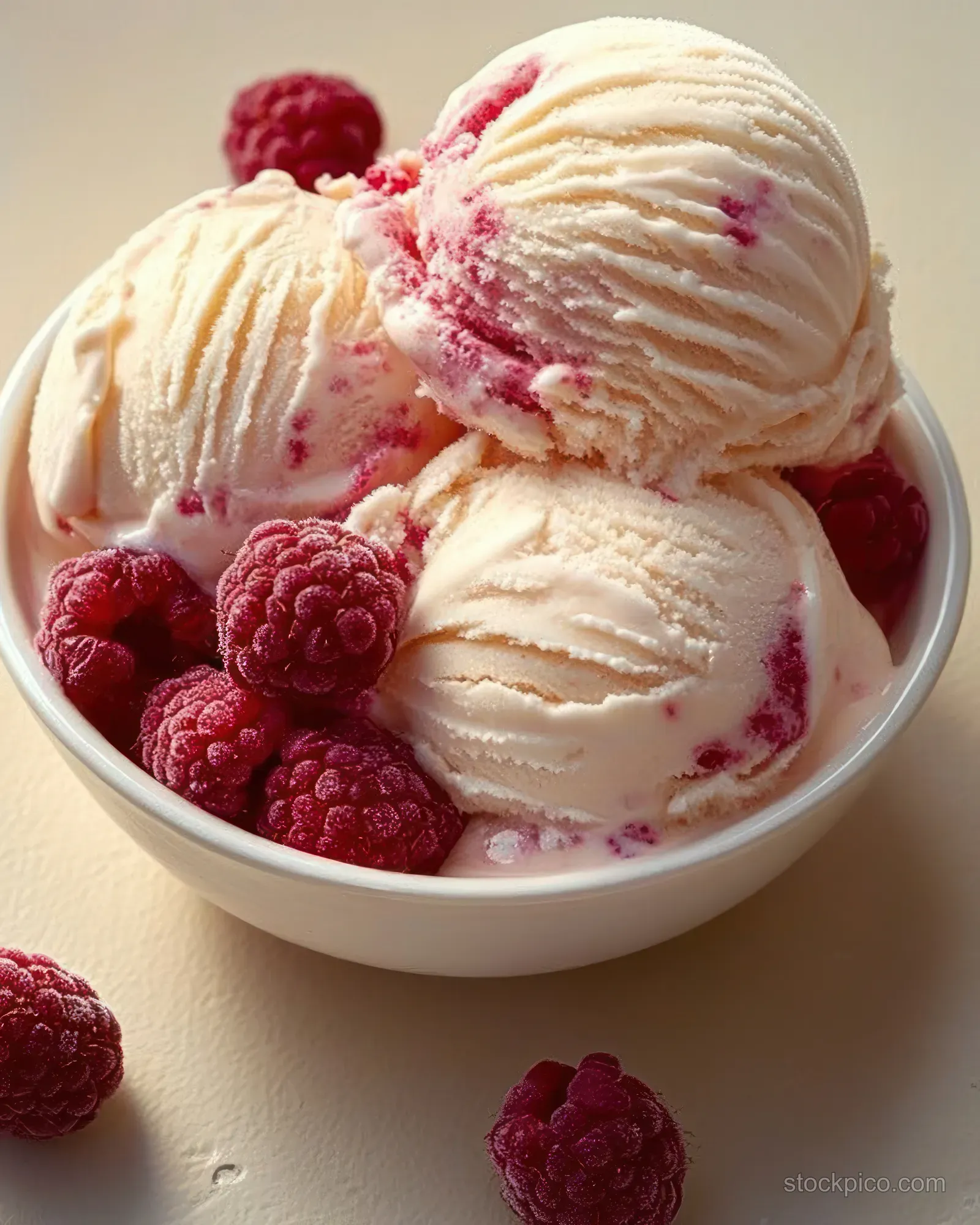 Creamy vanilla ice cream scoops in a white bowl with raspberry swirls and fresh raspberries.