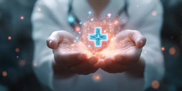 Glowing medical cross in open hands with bokeh sparkles for healthcare access concept