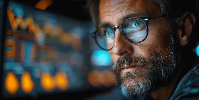 Financial manager analyzing stock market charts on dual monitors in a dark office