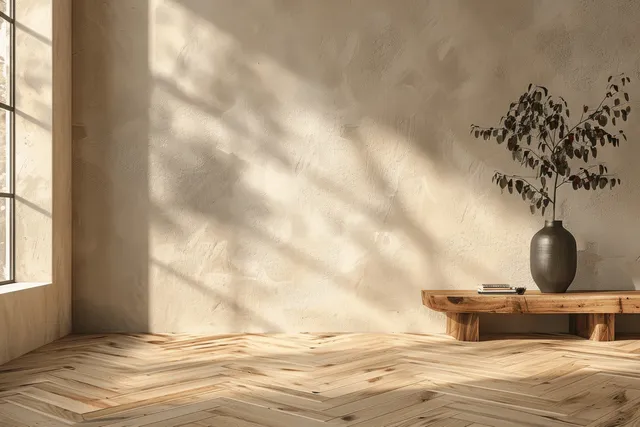 Minimal dining corner with beige wall, sunlit herringbone wood floor, and small wooden side table with vase.