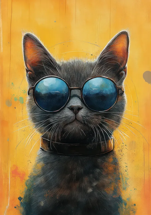 A whimsical grey cat wearing round sunglasses is illustrated against a vibrant yellow background.