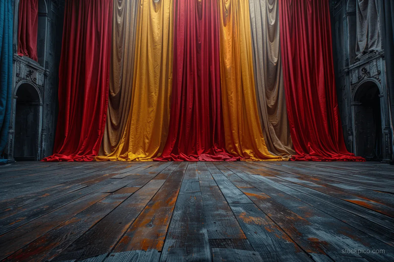 Red and yellow velvet curtains hang open behind a vintage theatre stage with a worn wooden floor.