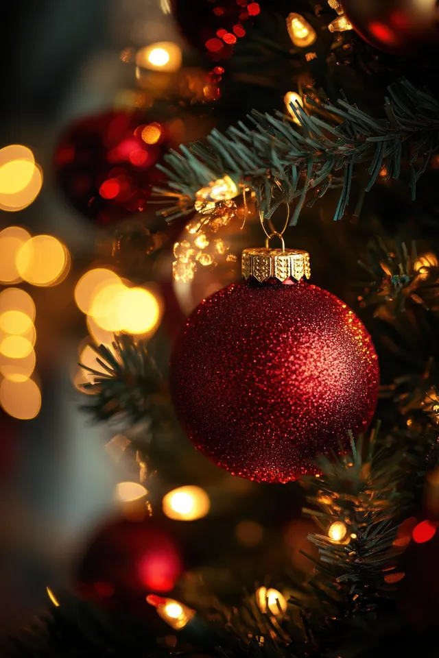 A glittering red Christmas ornament hangs on fir branches with warm glowing lights in soft bokeh.