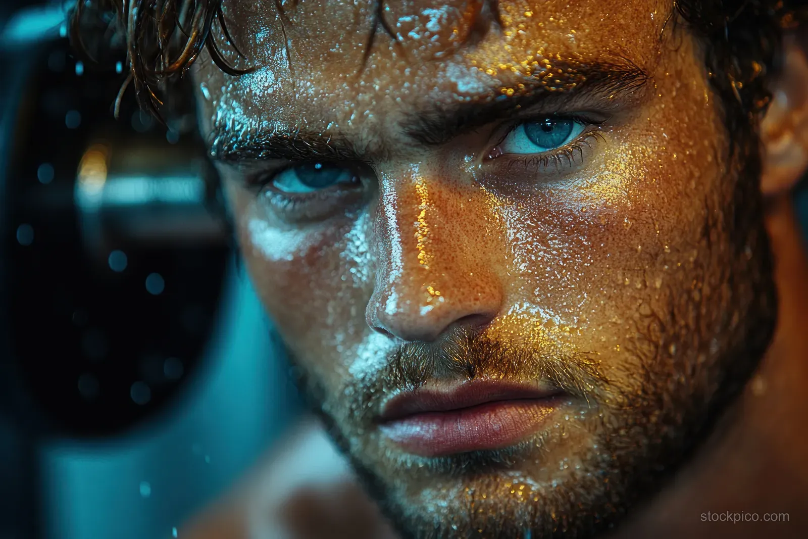 Focused male athlete holds supplement capsules in a gym under blue dramatic lighting.