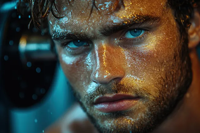 Focused male athlete holds supplement capsules in a gym under blue dramatic lighting.