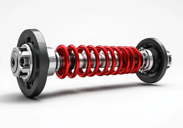 Close-up of red coil spring assembly between black circular end caps on white