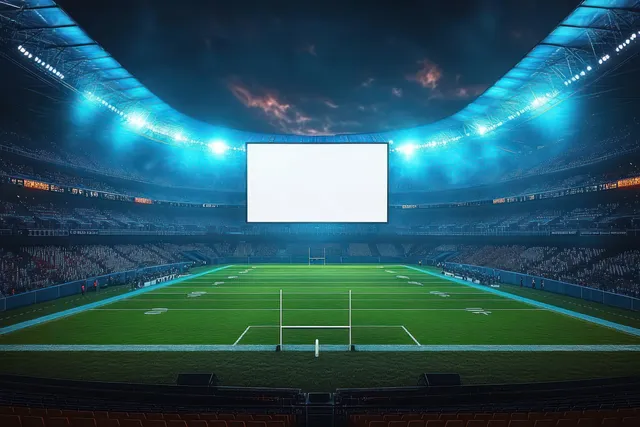 Empty rugby stadium at night, floodlit field and large blank scoreboard under dramatic clouds