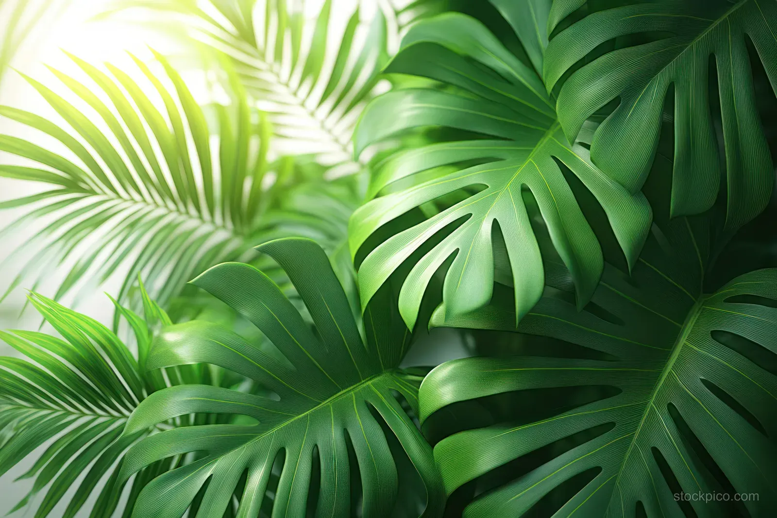 Close-up tropical palm leaves with vivid green fronds against a plain white background.