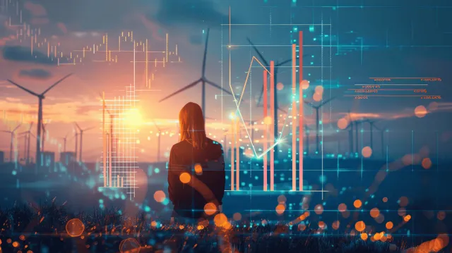 A silhouetted woman faces glowing wind turbines with floating chart lines indicating rising electricity prices.
