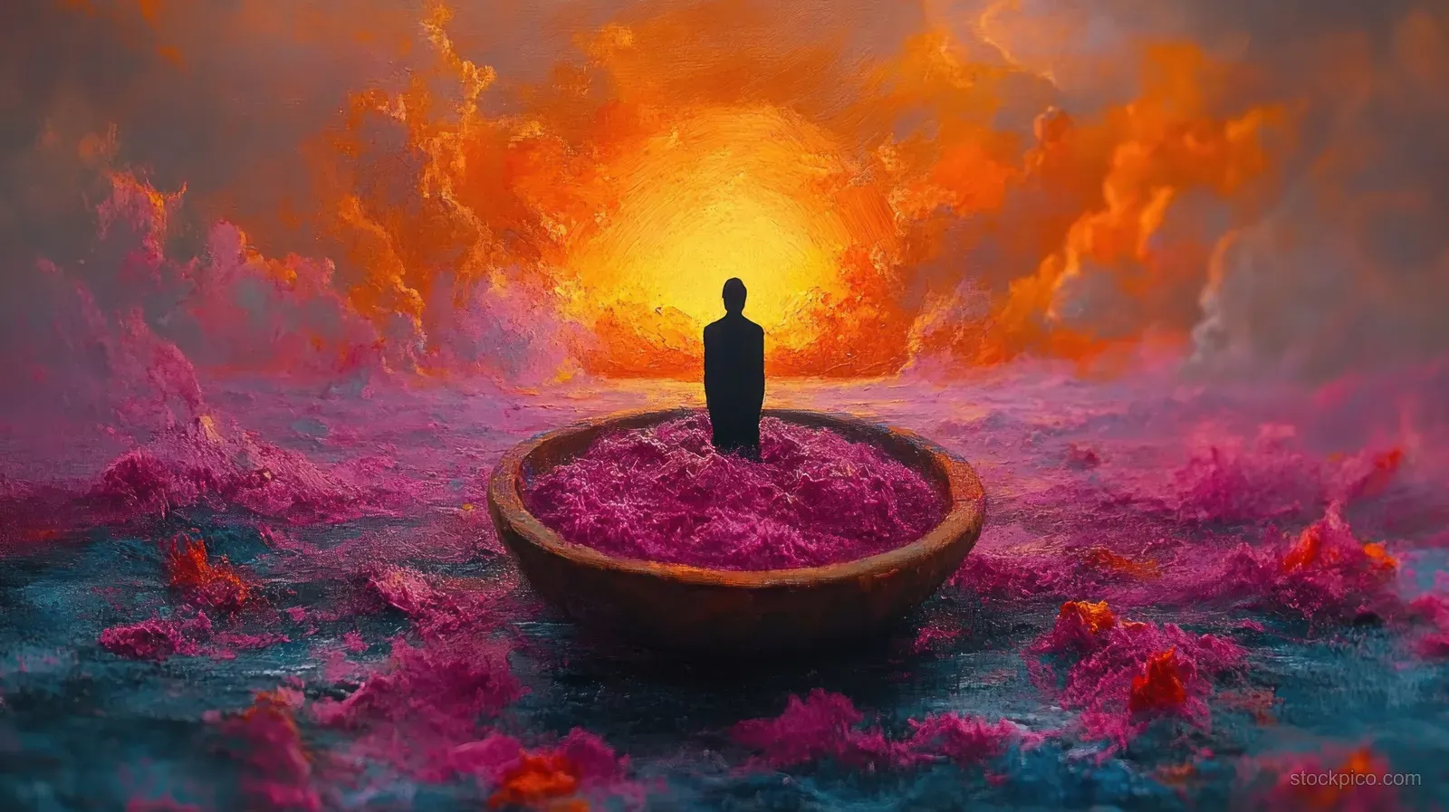 Silhouette of a person standing in a wooden bowl floating on a sea of pink and purple clouds beneath a glowing orange sky.