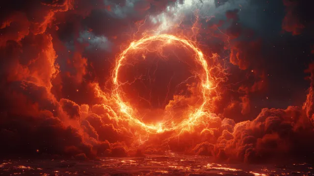 A fiery red lightning circle portal glows in a smoky dark sky with swirling sparks and dust.