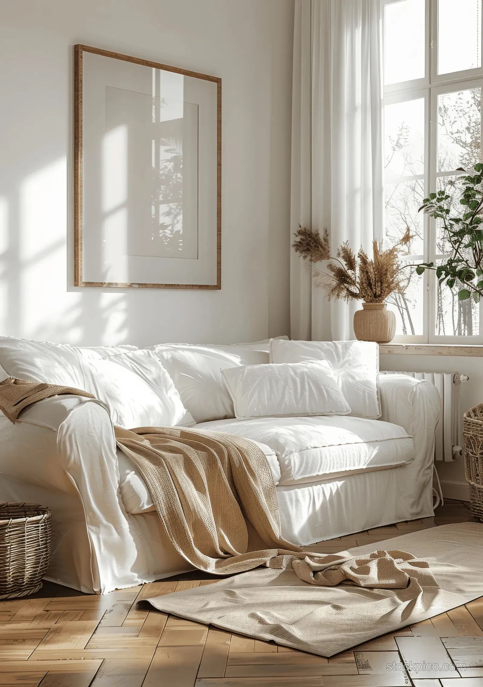 White sofa with linen cushions under bright window light, warm wooden floor, and framed artwork on the wall.