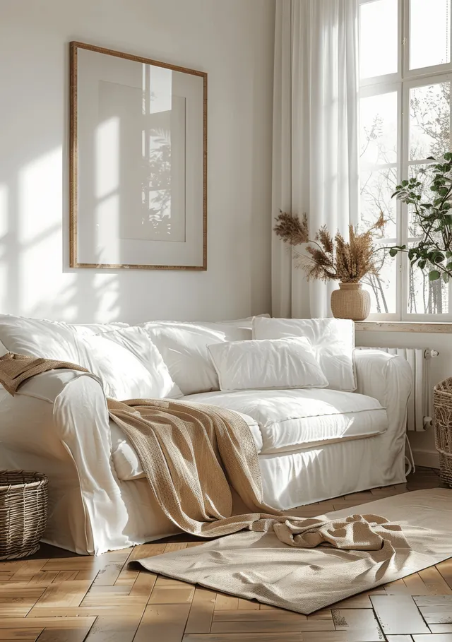 White sofa with linen cushions under bright window light, warm wooden floor, and framed artwork on the wall.