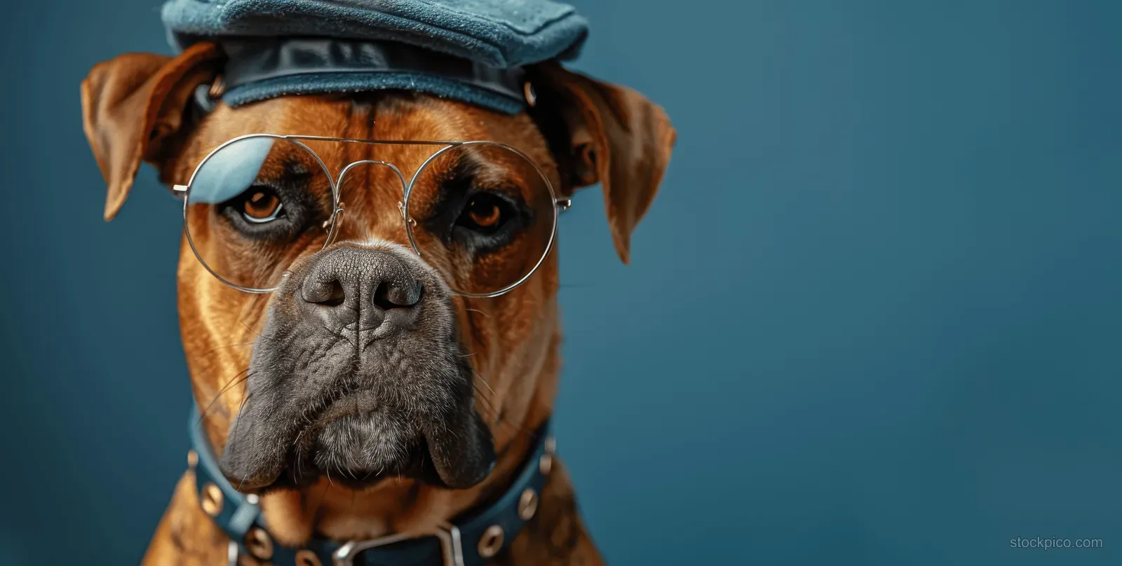 Bullmastiff police dog officer with sunglasses and badge standing on a solid blue background.