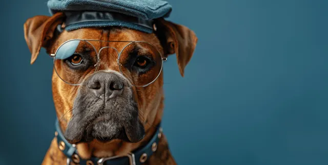 Bullmastiff police dog officer wearing sunglasses on blue background with badge