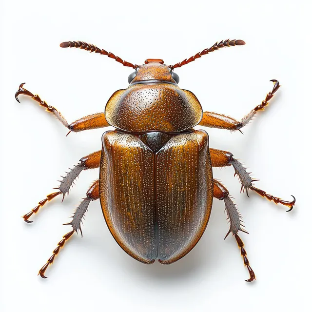 Close-up of a brown beetle with textured elytra and segmented antennae centered on a white background.
