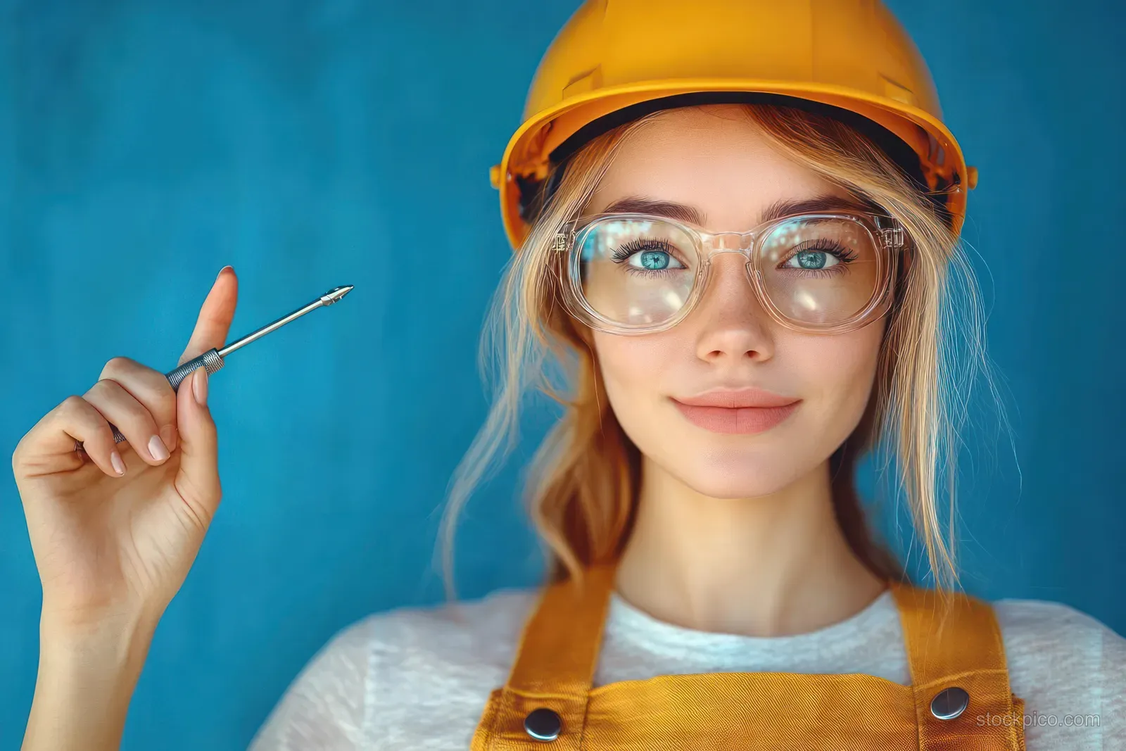 A worker in yellow helmet and overalls holds a small screwdriver while standing against a blue background.