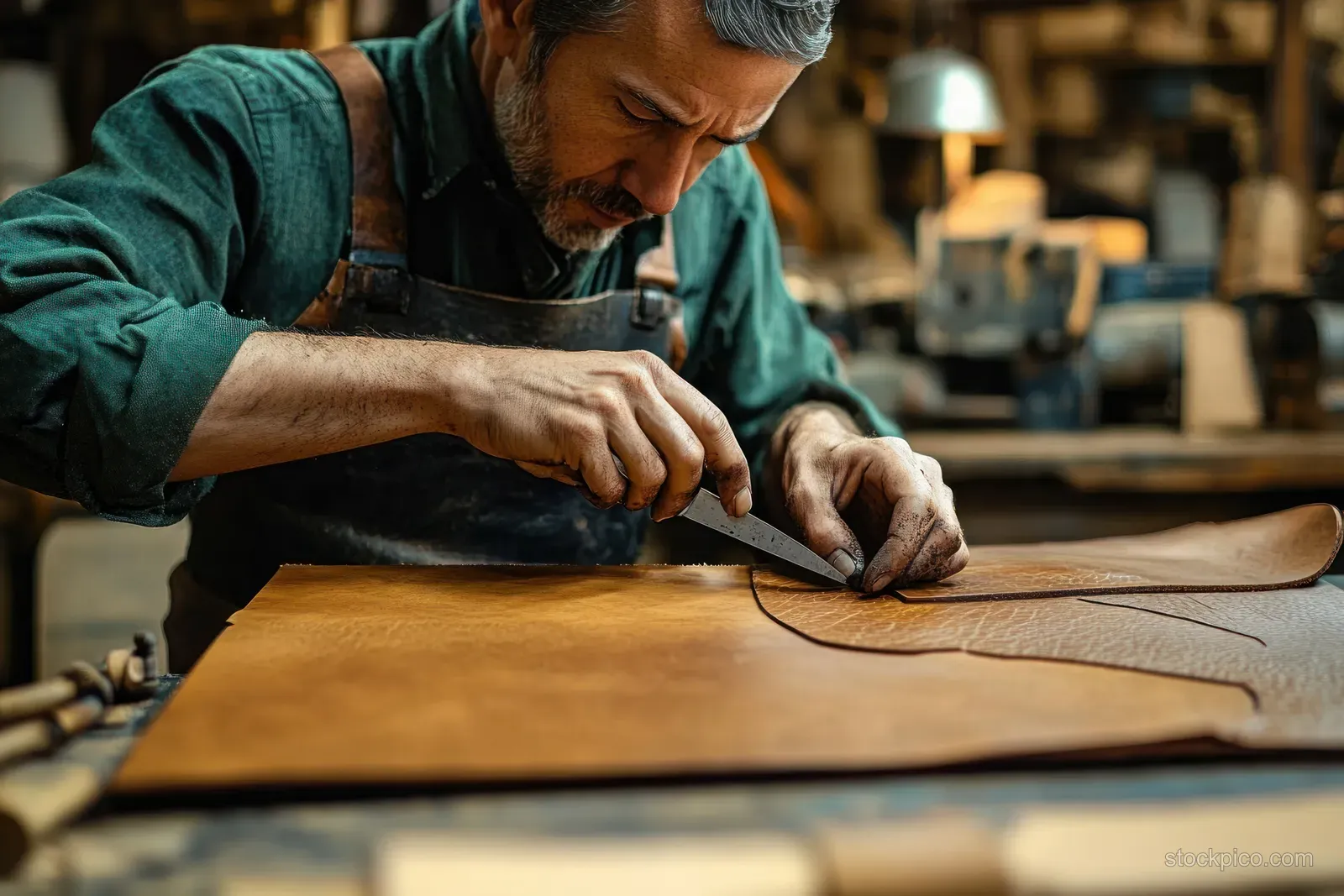 Leatherworker’s hands cut a brown hide on a wooden workbench using a sharp knife in a workshop.