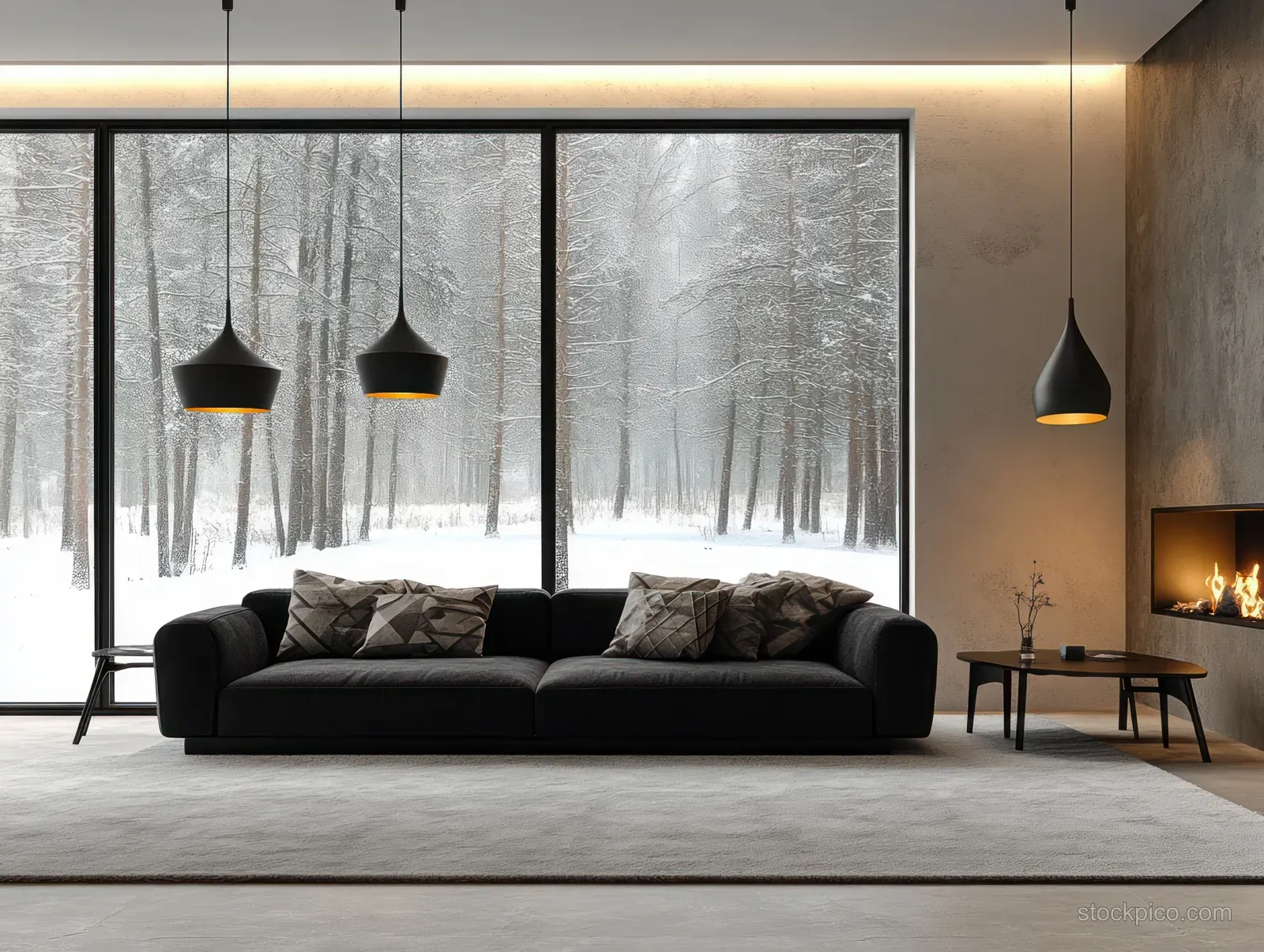 Black sofa under pendant lamps in a minimalist living room with snowy trees visible through large windows.