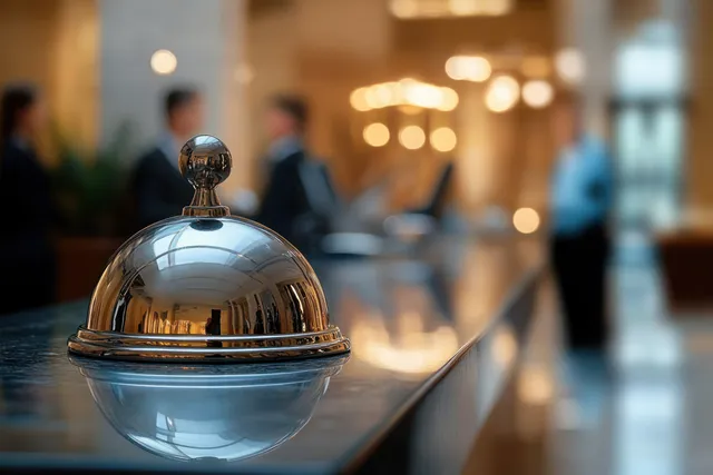 Hotel reception bell on desk with blurred concierge lobby background