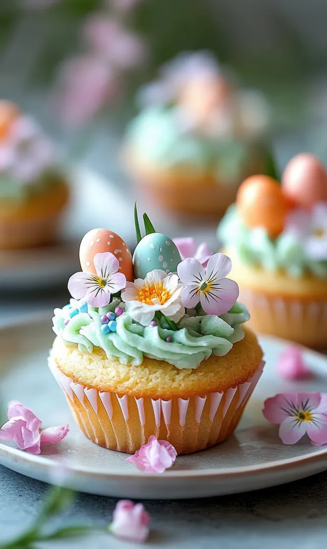 Vanilla cupcake with pastel green frosting, decorated eggs and edible flowers on white plate