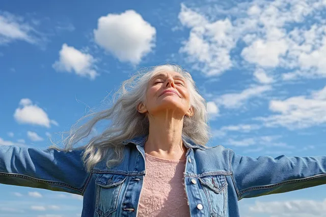 Older woman with gray hair arms outstretched outdoors, eyes closed, blue sky clouds behind