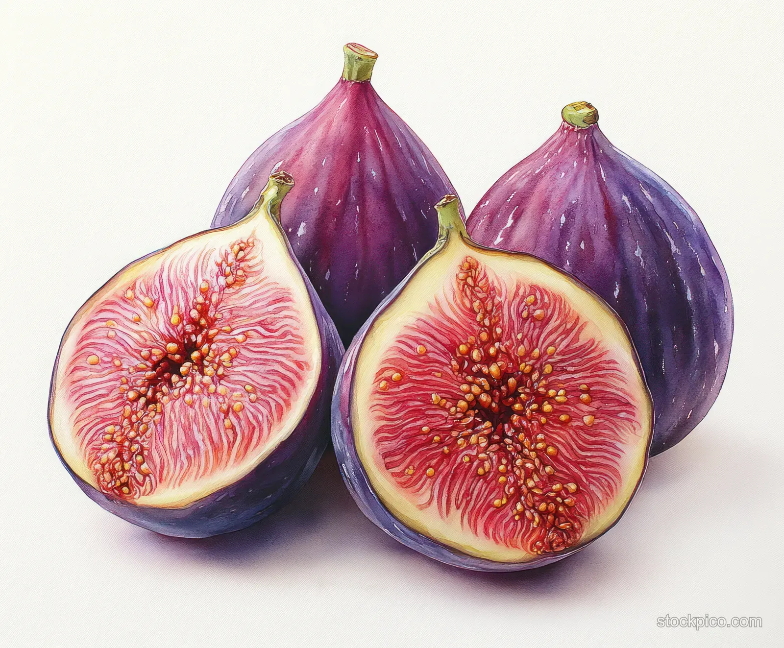 Watercolor art of ripe purple figs with a sliced fig revealing pink seeds on a white background.