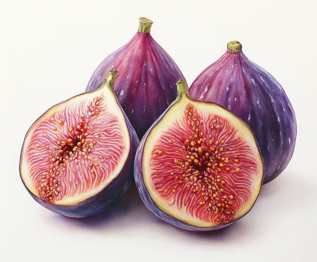 Watercolor illustration of ripe purple figs, fresh whole and cut pieces on white background