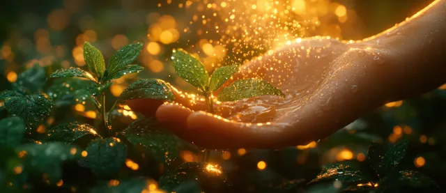 A hand pours water onto a small sprout growing from coins with an upward chart glow behind it.