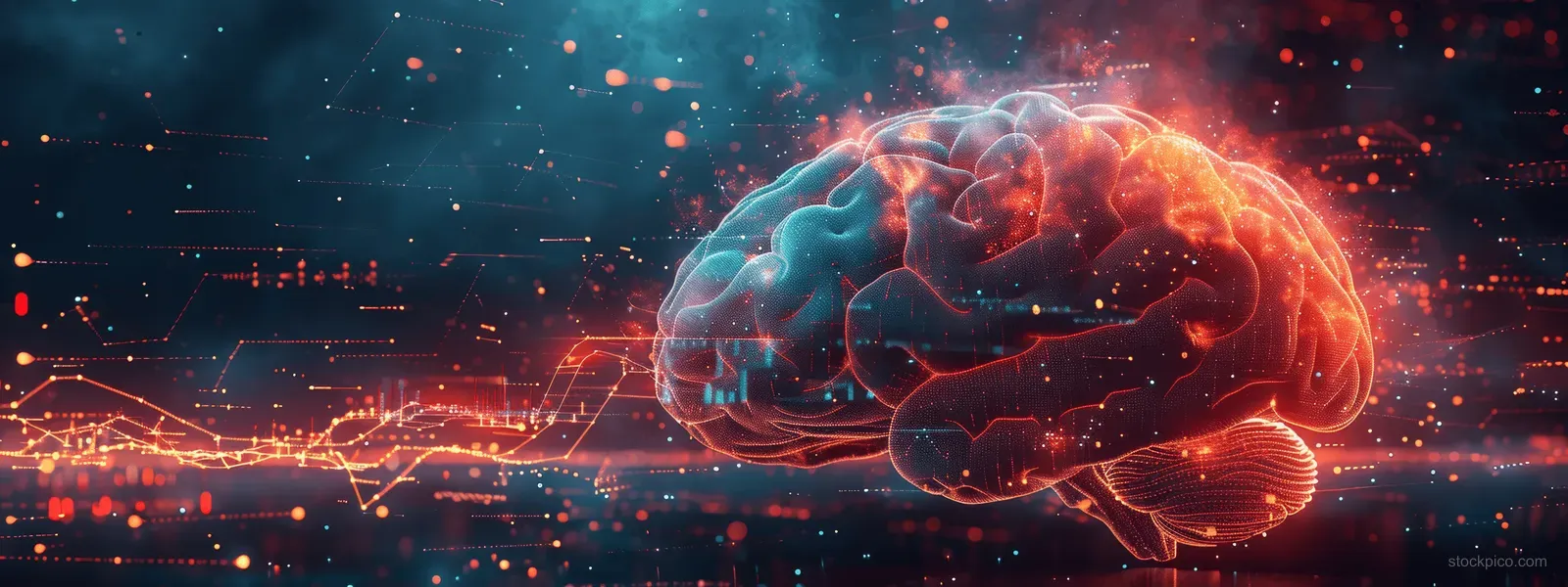 Glowing holographic brain over medical infographic charts and biometric lines in a dark clinical data interface.