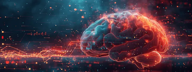 Glowing holographic brain over medical infographic charts and biometric lines in a dark clinical data interface.